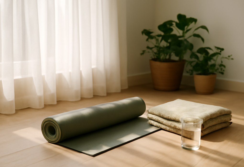 Sudut ruangan rumah dengan matras yoga tergulung di lantai kayu dekat jendela bercahaya pagi