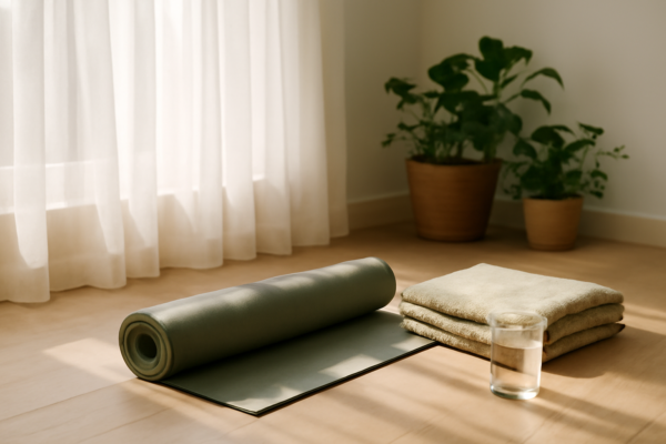 Sudut ruangan rumah dengan matras yoga tergulung di lantai kayu dekat jendela bercahaya pagi