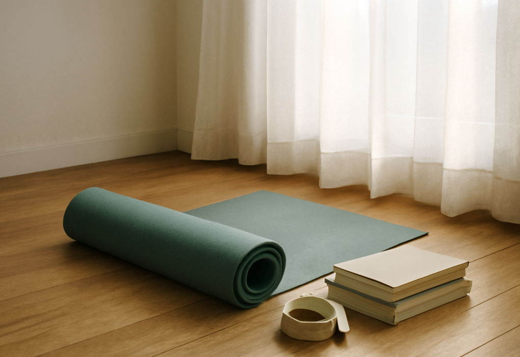 Matras yoga, buku tebal, dan tali sebagai alat bantu latihan di ruang tamu