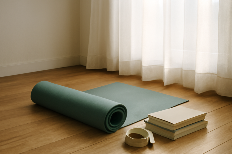 Matras yoga, buku tebal, dan tali sebagai alat bantu latihan di ruang tamu