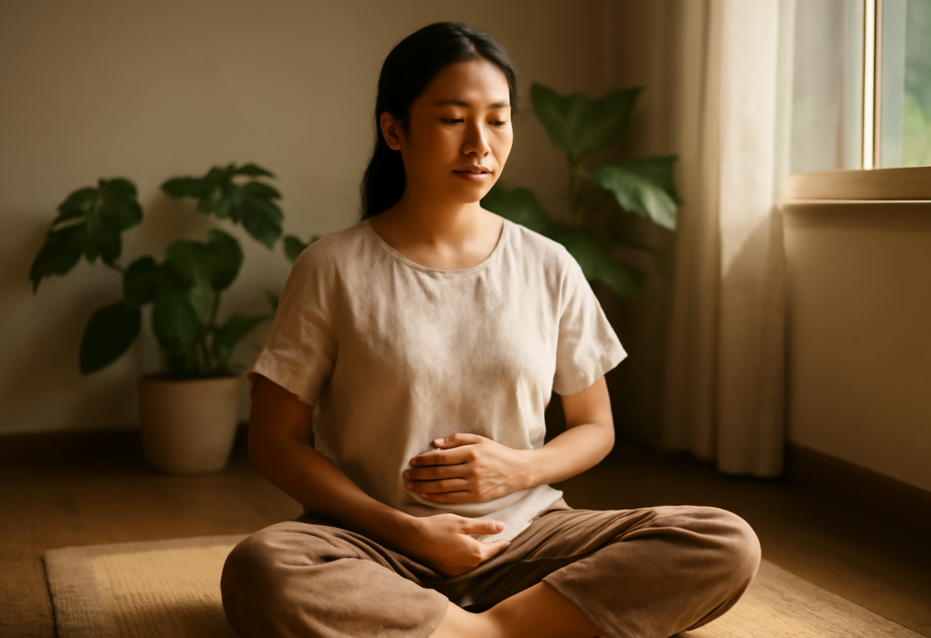 Wanita duduk bersila sambil mempraktikkan latihan pernapasan yoga di ruangan dengan cahaya pagi