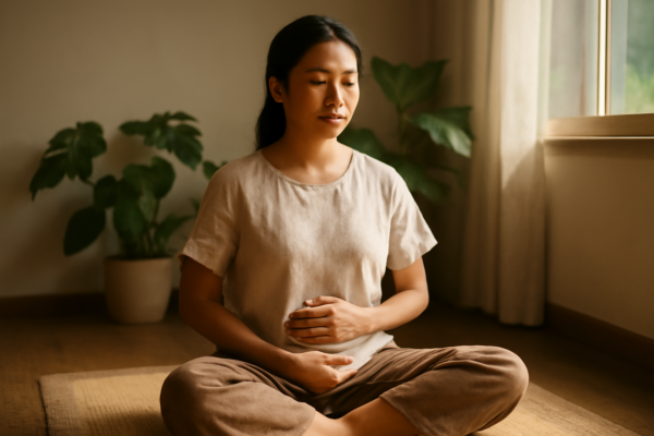 Wanita duduk bersila sambil mempraktikkan latihan pernapasan yoga di ruangan dengan cahaya pagi