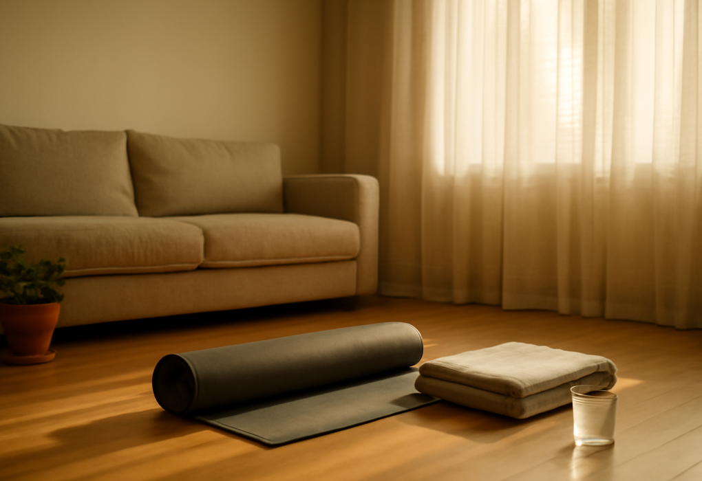 Matras yoga dan selimut terlipat di ruang tamu dengan cahaya sore untuk latihan yoga sore