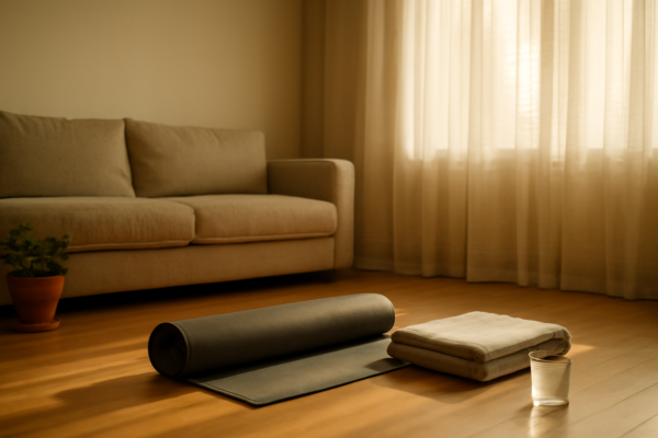 Matras yoga dan selimut terlipat di ruang tamu dengan cahaya sore untuk latihan yoga sore