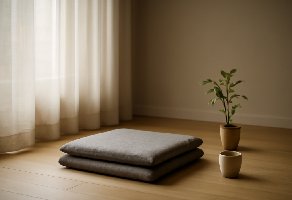 Ruang meditasi sederhana dengan bantal duduk dan cahaya pagi dari jendela