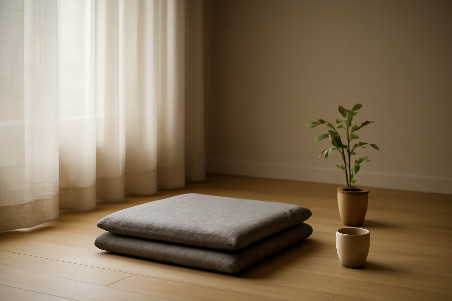 Ruang meditasi sederhana dengan bantal duduk dan cahaya pagi dari jendela