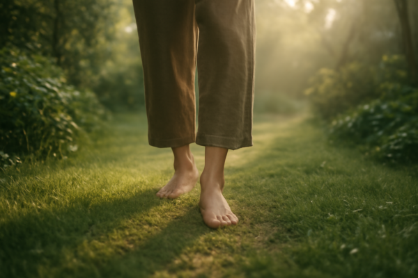Seseorang berjalan tanpa alas kaki di taman dengan cahaya pagi, mempraktikkan meditasi jalan