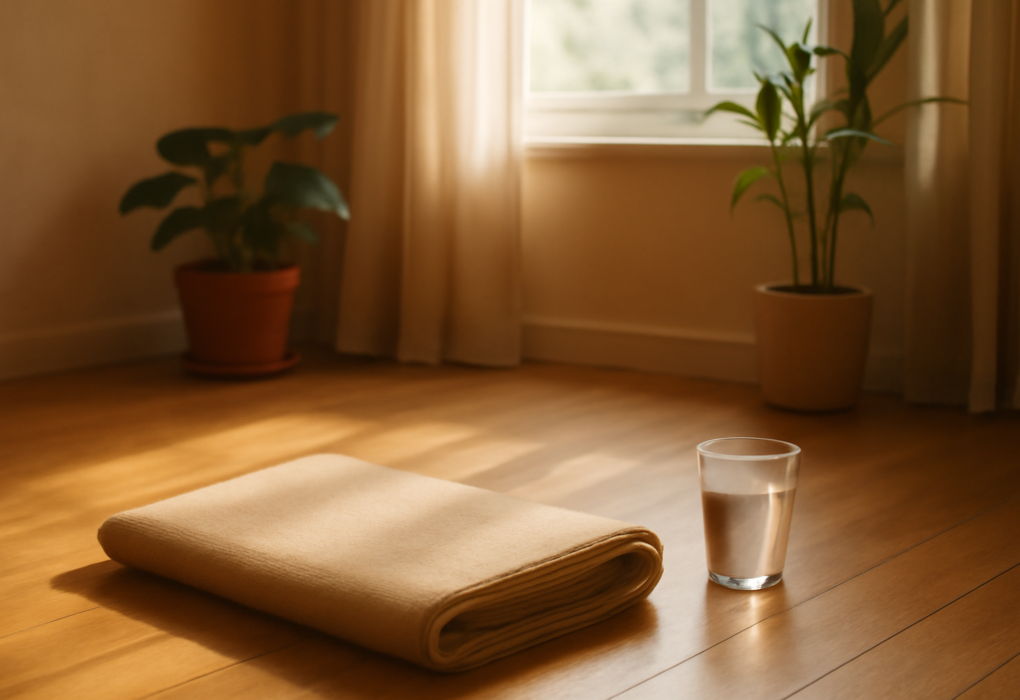 Ruang yoga di rumah dengan matras, air minum, dan cahaya pagi untuk latihan kesehatan jantung
