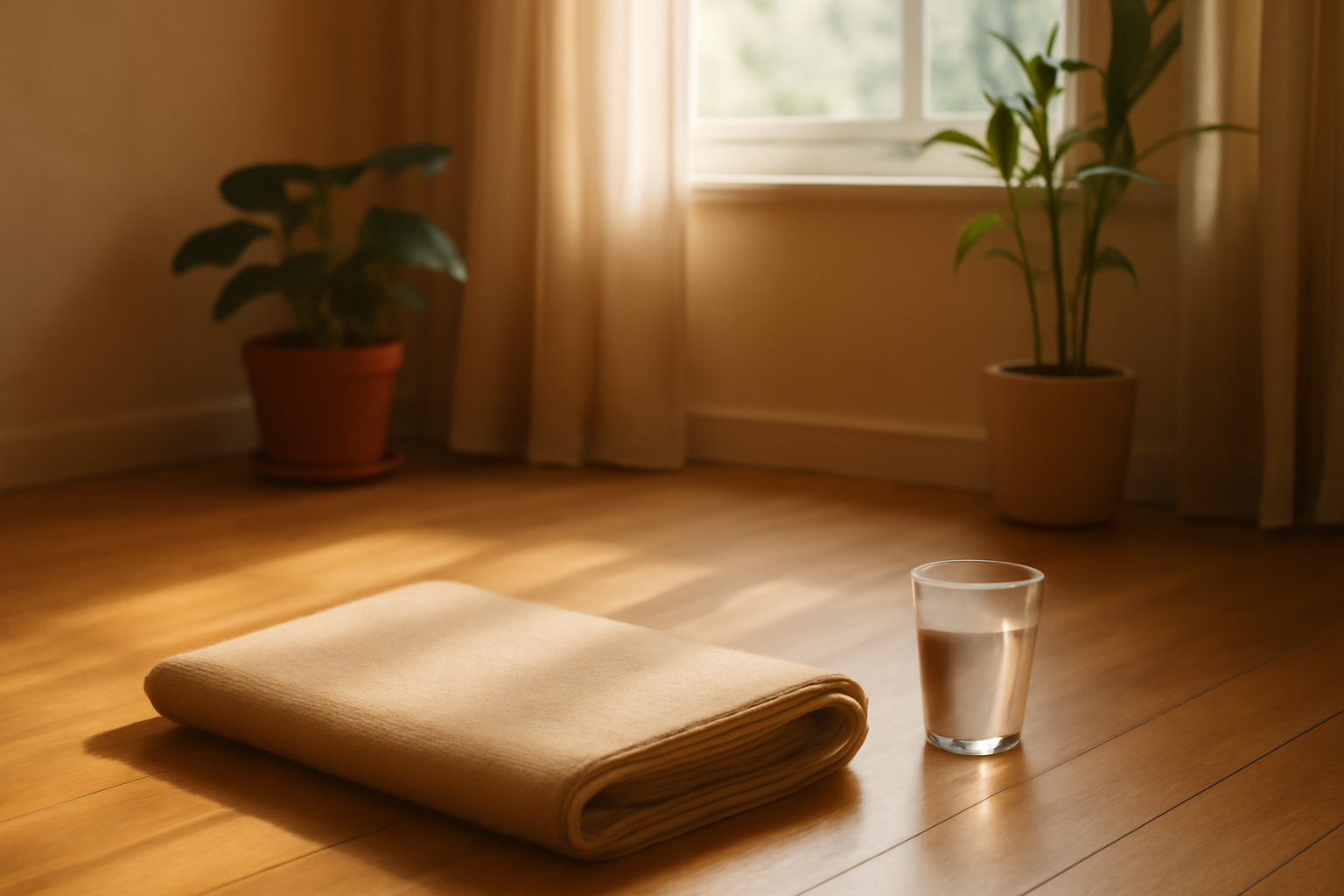 Ruang yoga di rumah dengan matras, air minum, dan cahaya pagi untuk latihan kesehatan jantung