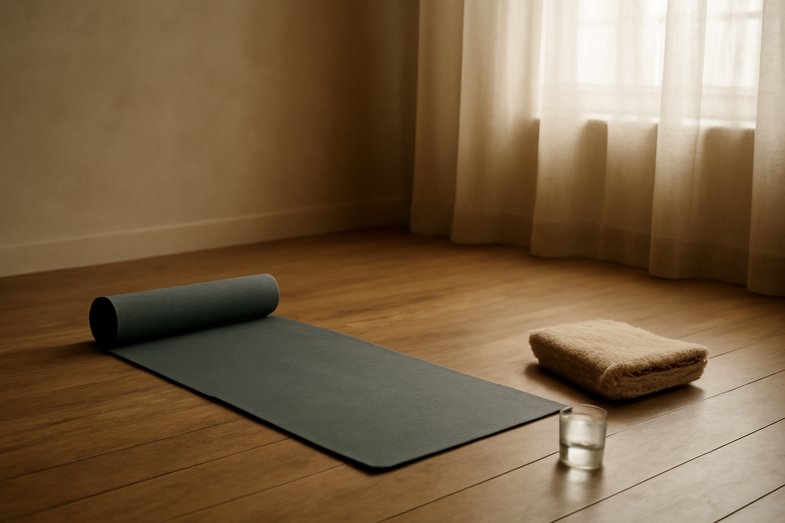 Matras yoga, handuk, dan segelas air di ruangan bernuansa tenang untuk latihan yoga kesehatan kulit