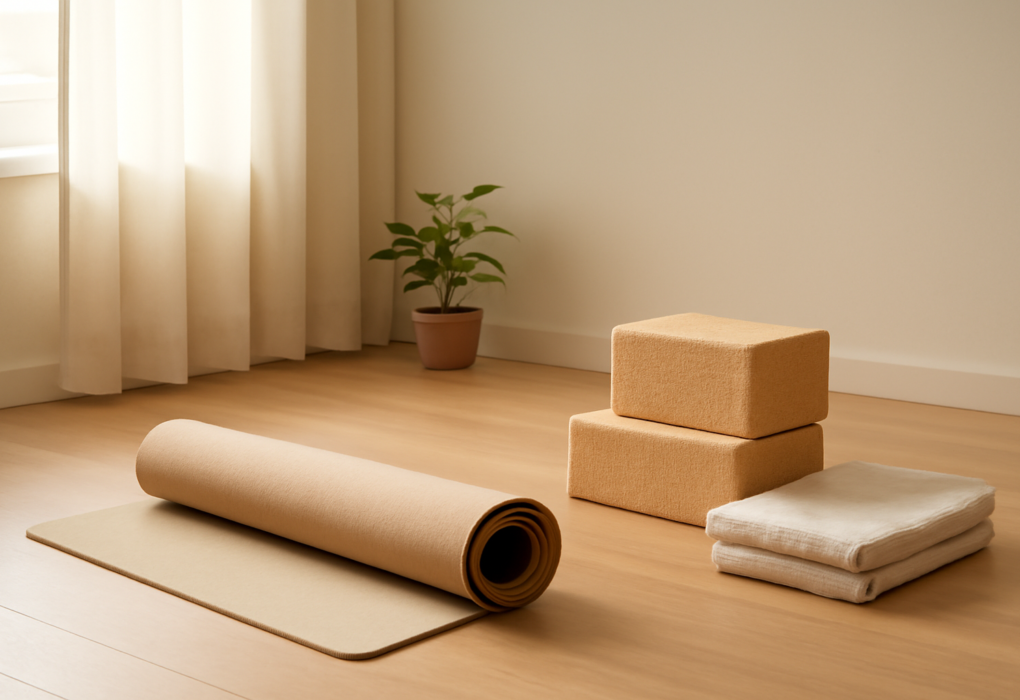 Matras yoga, blok gabus, dan selimut lipat di ruang latihan rumah yang tenang