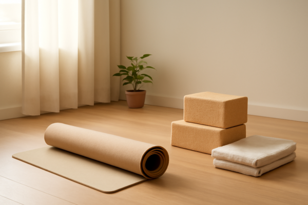 Matras yoga, blok gabus, dan selimut lipat di ruang latihan rumah yang tenang