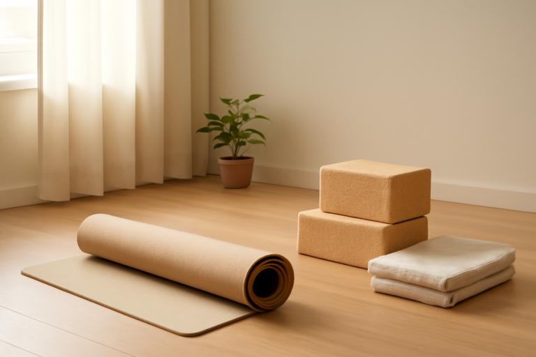 Matras yoga, blok gabus, dan selimut lipat di ruang latihan rumah yang tenang