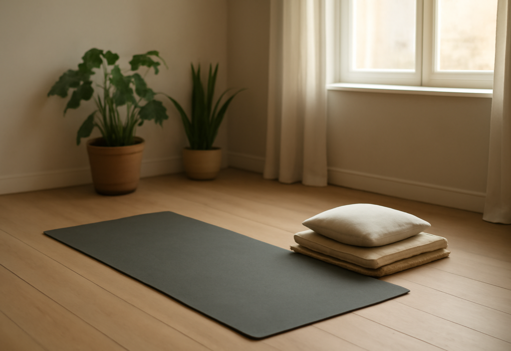 Matras yoga di lantai kayu dekat jendela untuk latihan peregangan punggung di rumah