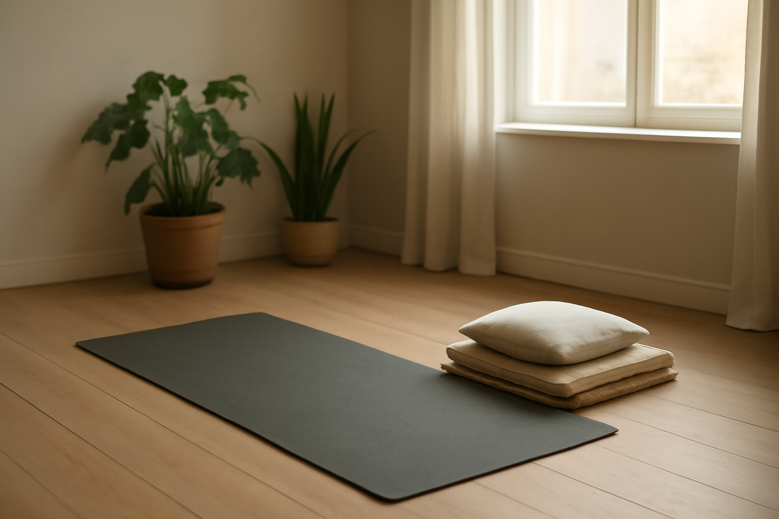 Matras yoga di lantai kayu dekat jendela untuk latihan peregangan punggung di rumah
