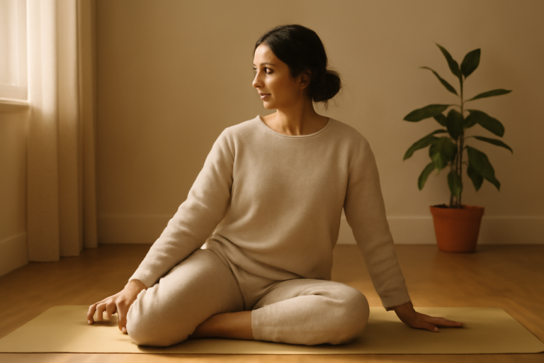 Wanita melakukan gerakan memutar badan sambil duduk di matras yoga untuk membantu pencernaan
